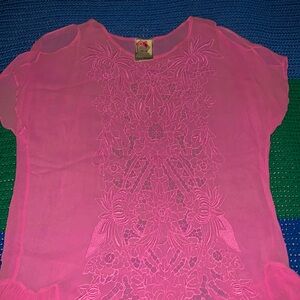 Yoana baraschi sheer purple top with sewn in flower pattern, open shoulders.